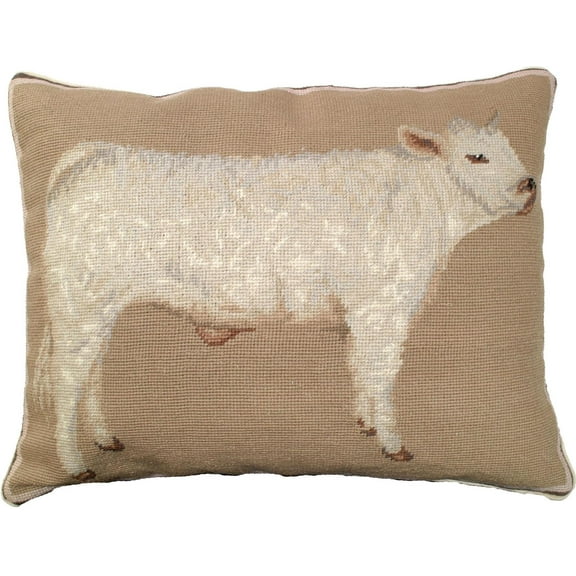 CHAROLAIS Throw Pillow Needlepoint Lamb 16x20 Taupe Pink Beige Wool Cotton