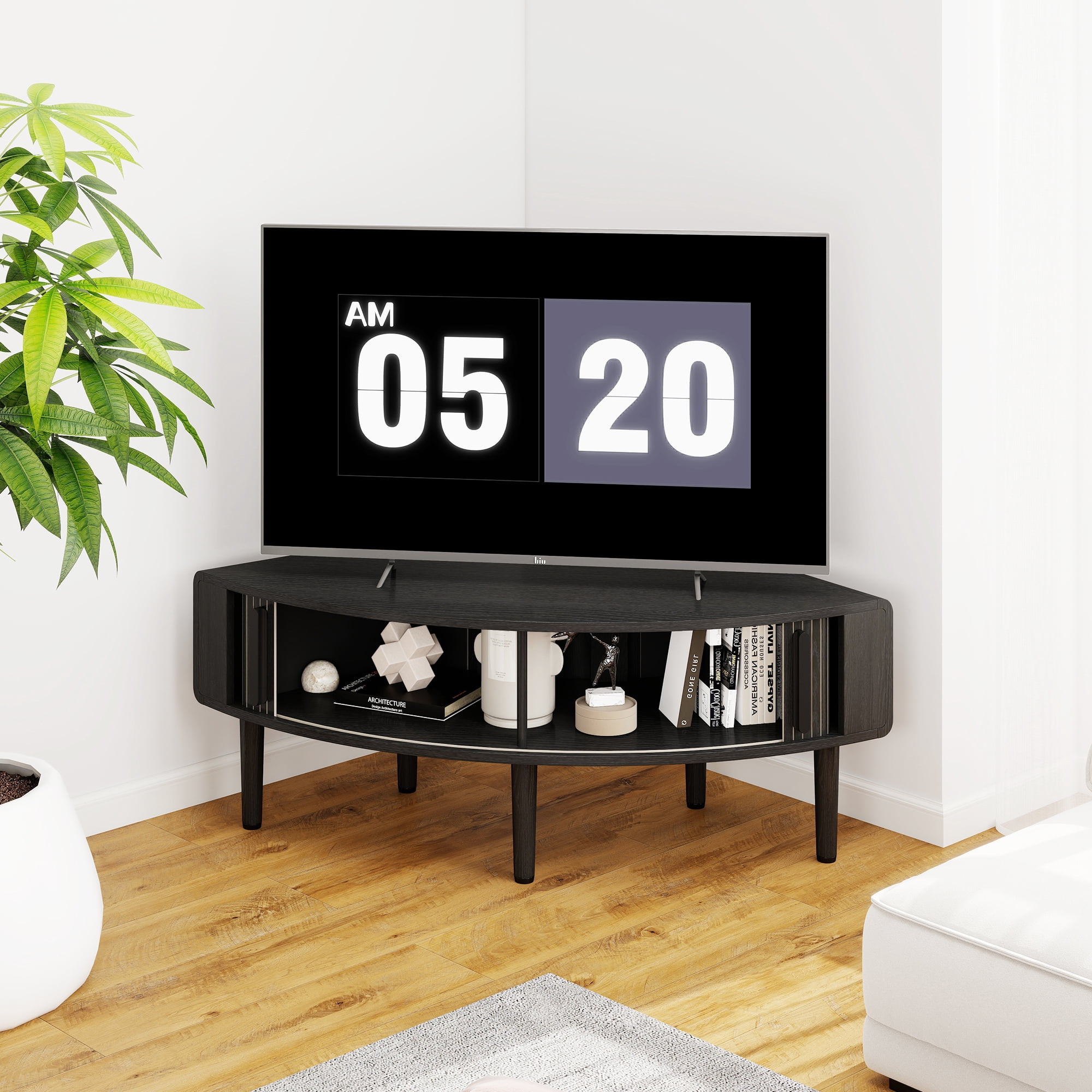 Corner TV Stand for 40 inch TV, Curved Corner Entertainment Center with Storage, Mid-Century Modern Media Console with Sliding Doors,for Living Room, Bedroom, Apartment, Black