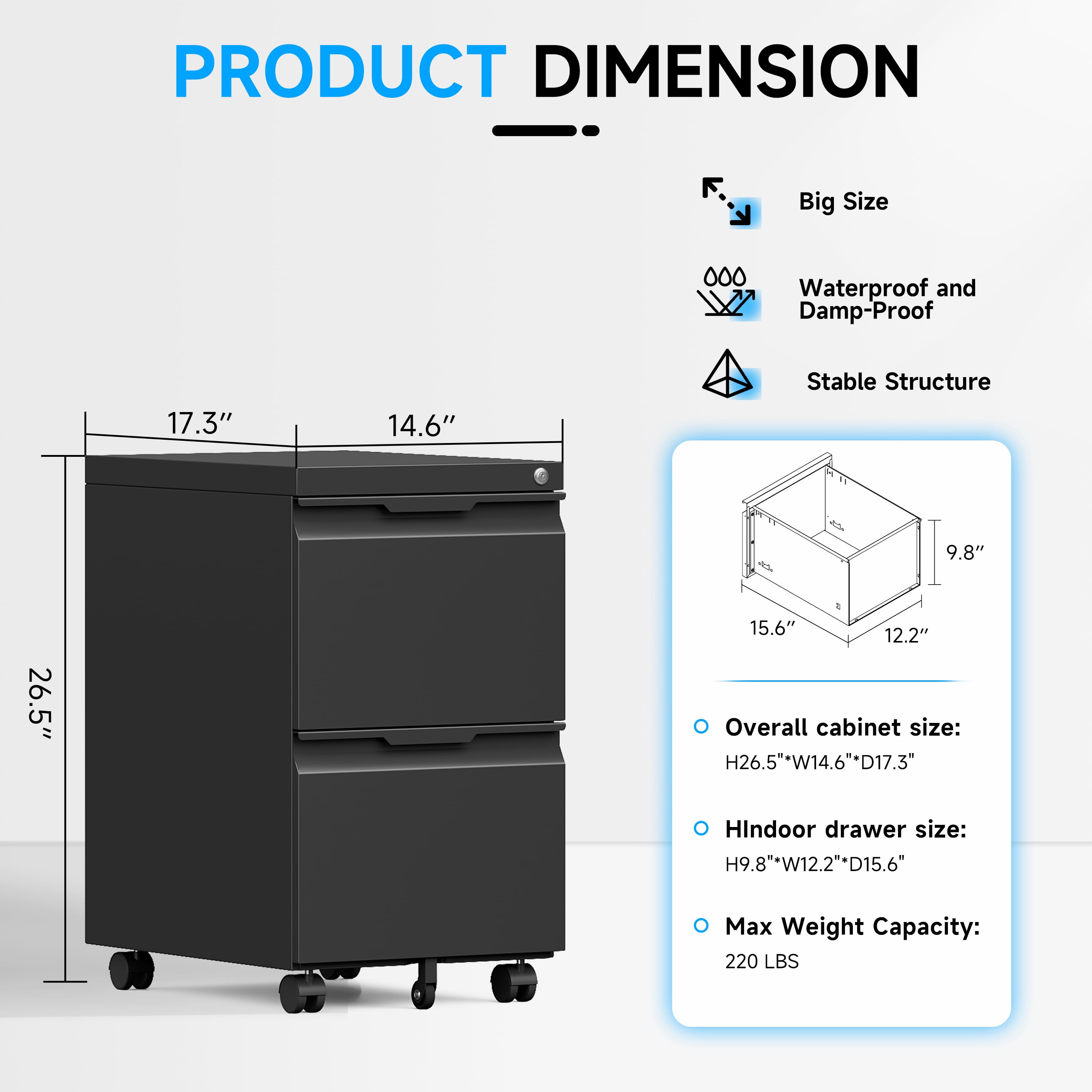 2 Drawer File Cabinet on Wheels, Mobile File Cabinet with Lock for Letter/Legal/A4 File, Metal Rolling File Cabinets for Home Office (Black)
