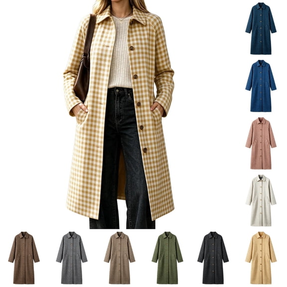 Fmbrln Womens Long Plaid Trench Coat Lapel Collar Button Down Cardigan Loose Fit Casual Fall Winter Outerwear