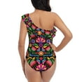 thumbnail image 5 of Uemuo Colorful Floral Embroidery Mexican Print Women's One Piece Swimsuit Asymmetrical Neck Bathing Suit One Shoulder Side Cutout Ruffle Swimwear-Large, 5 of 6