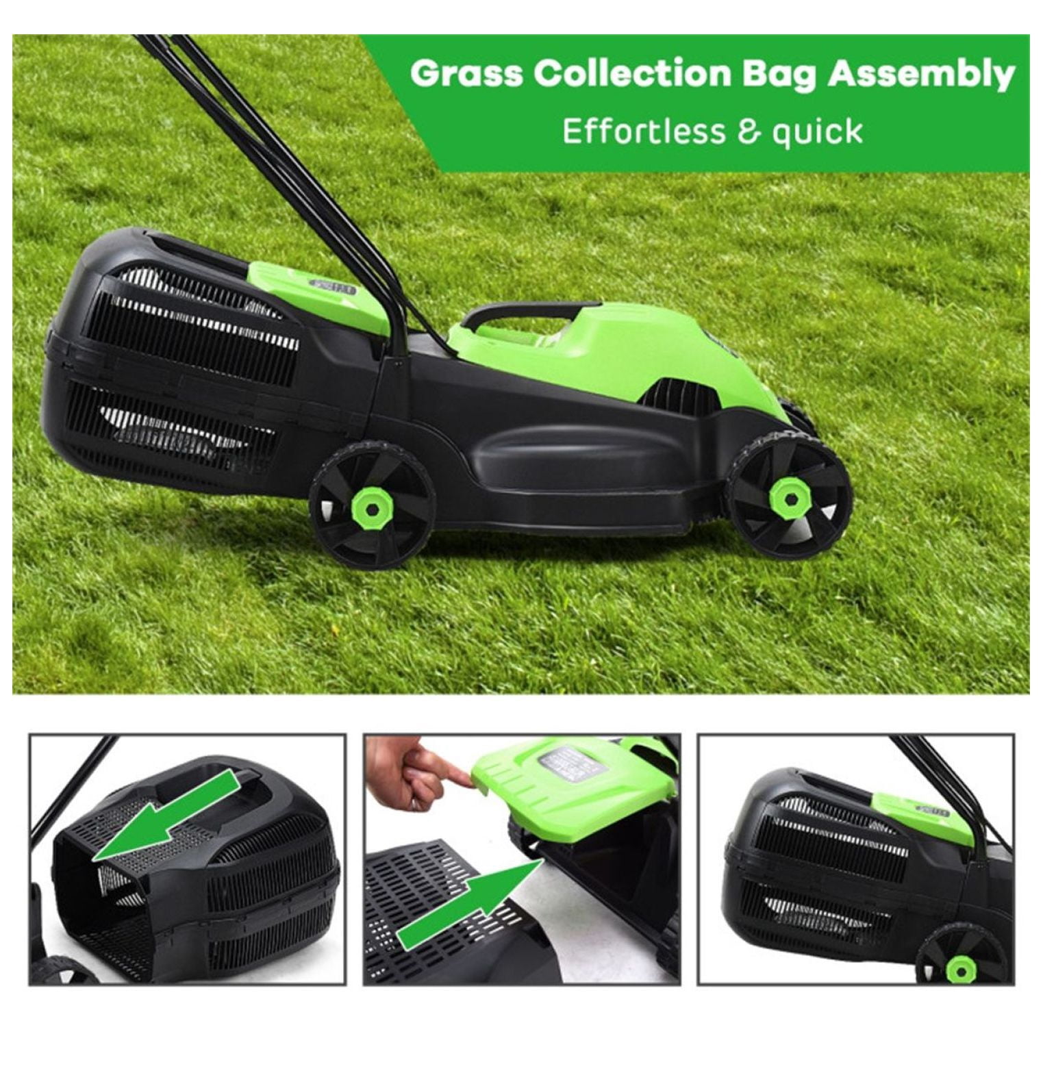 13-Inch Electric Lawn Mower, 8 Gal Grass Collection, 3 Height Settings, Lightweight 15.5 LBS Push Mower for Small Gardens - Green