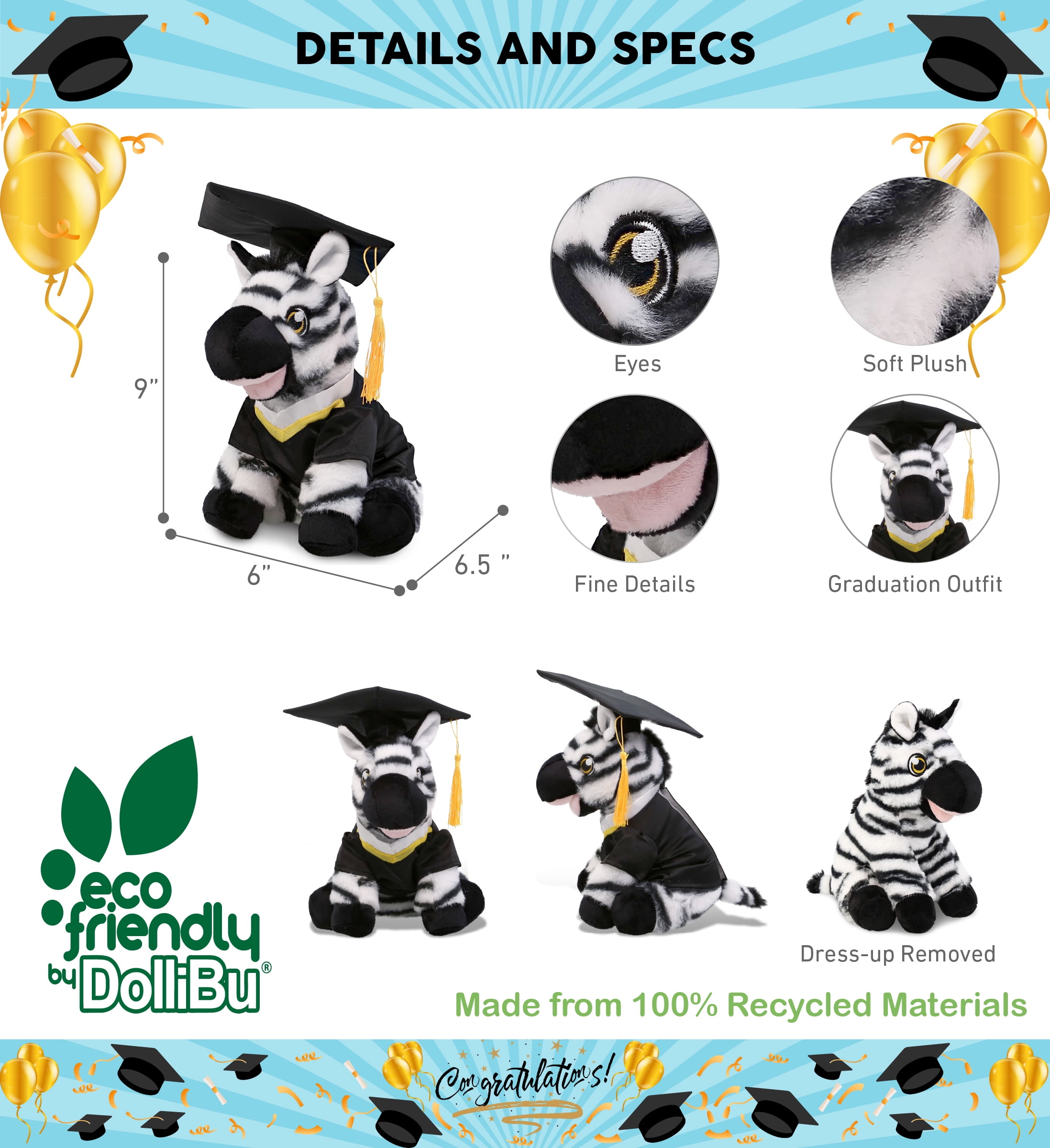 DolliBu Zebra Graduation Plush Toy - Super Soft Zebra Plush Graduation Stuffed Animal Dress Up with Graduation Gown and Cap with Tassel Outfit - Congratulatory Graduation Gift - 9 Inches