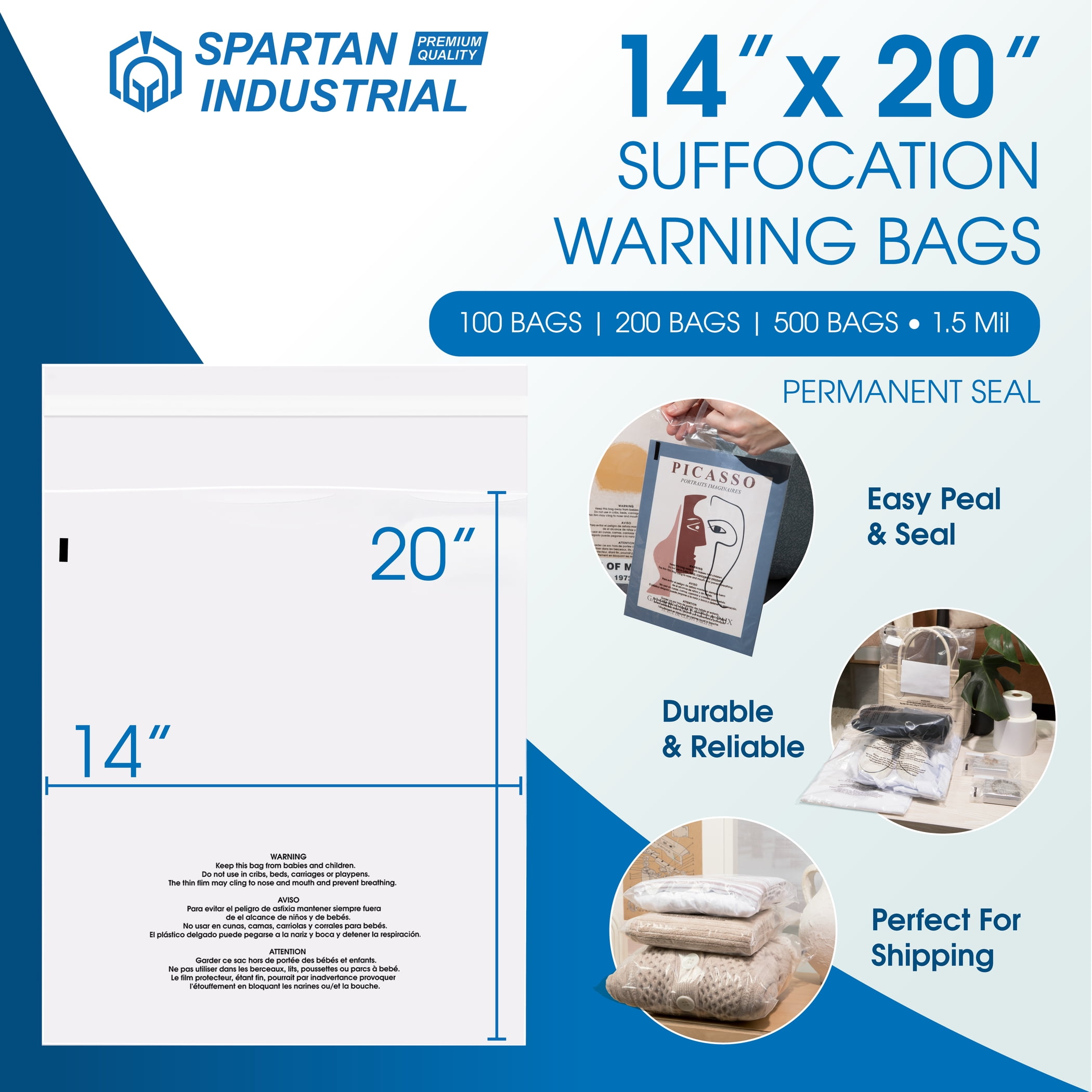 Spartan Industrial - 14” X 20” (200 Count) Self Seal Clear Poly Bags with Suffocation Warning for Packaging, Clothes - Permanent Adhesive