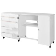 KFFKFF Folding Sewing Table with Cabinet, Versatile Sewing Machine Table Featuring Compact Design, Wheels, Wooden Pegs, Storage Compartments, Magnetic Door, Craft Workspace