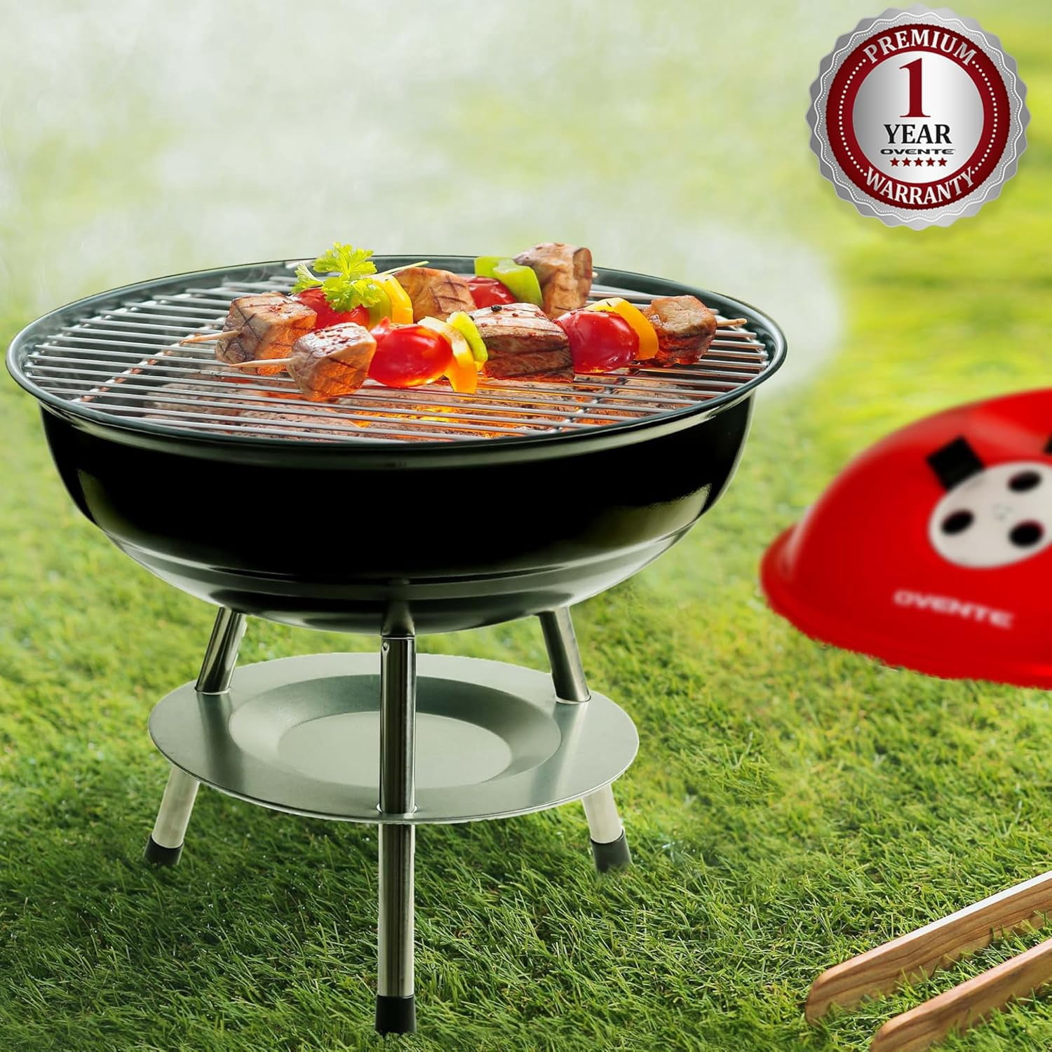 OVENTE 14-Inch Portable Charcoal Grill with Dual Venting System for Outdoor Cooking, Lightweight and Easy to Use Small Barbecue Griller for Backyard, Patio, Camping, Picnic and Parties, Red GQR0400BR
