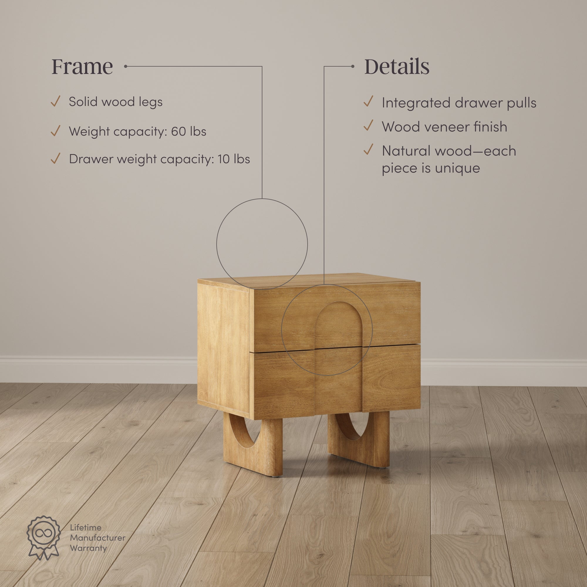 Nathan James Jett Mid Century Modern Nightstand, Wooden Bedside Table with Drawers and Arched Door Cutout, Light Brown