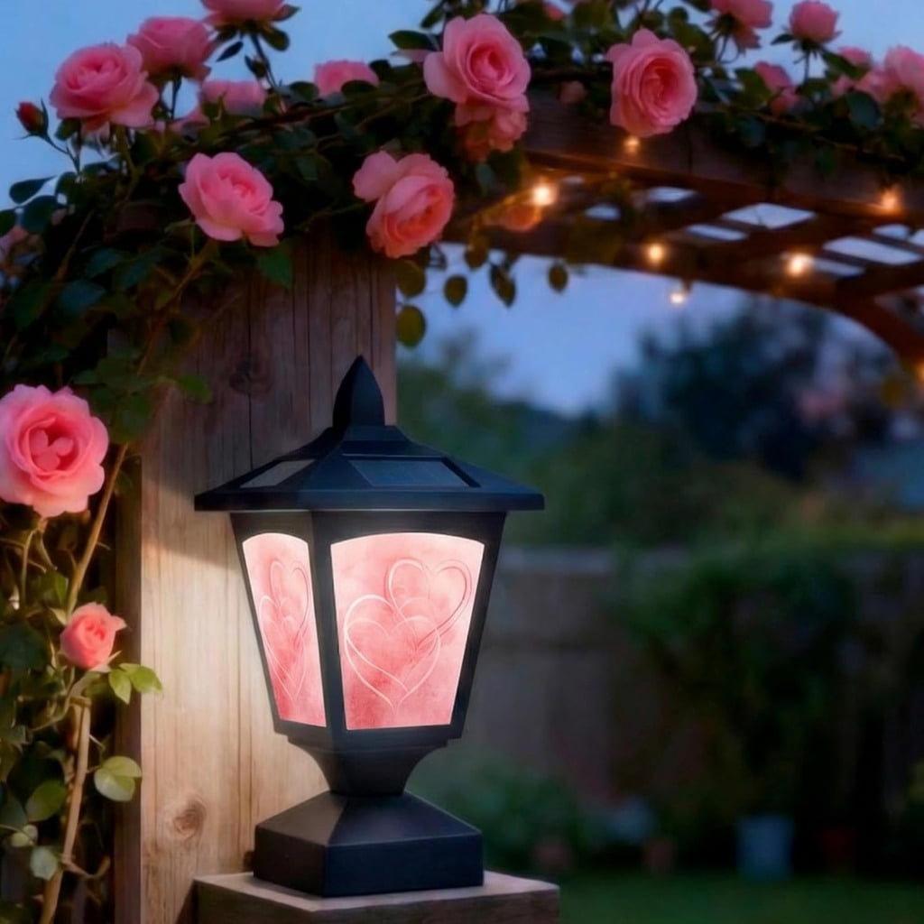Solar Post Cap Light Outdoor, Fits 4x4 5x5 6x6 Wood Posts, Waterproof LED Fence Post Light for Deck Patio Garden Yard Decoration, Removable Design Panel (Black, 1 Pack) (Heart2)