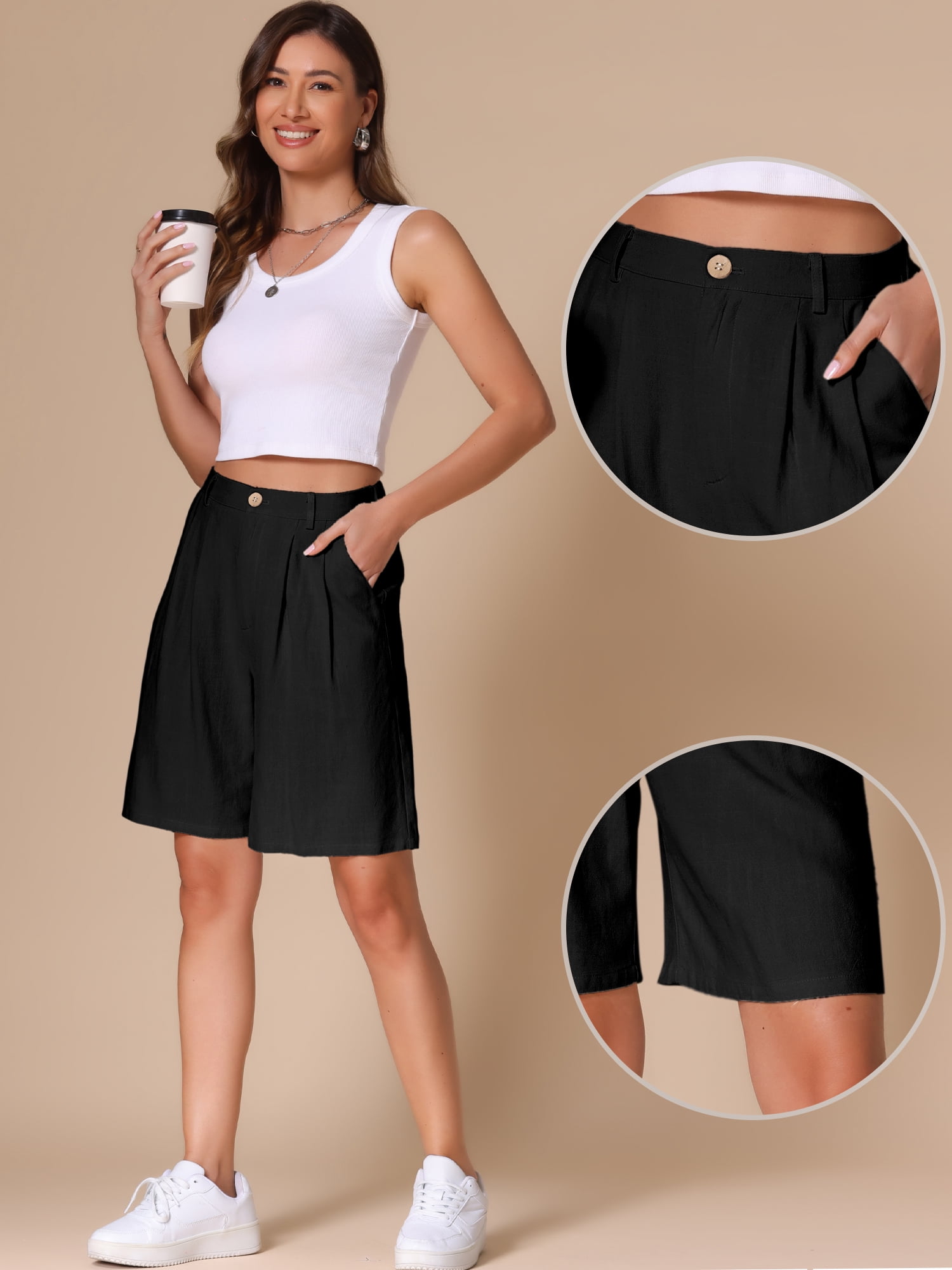DARING DIVA Women's Linen Summer Bermuda Shorts Large Black