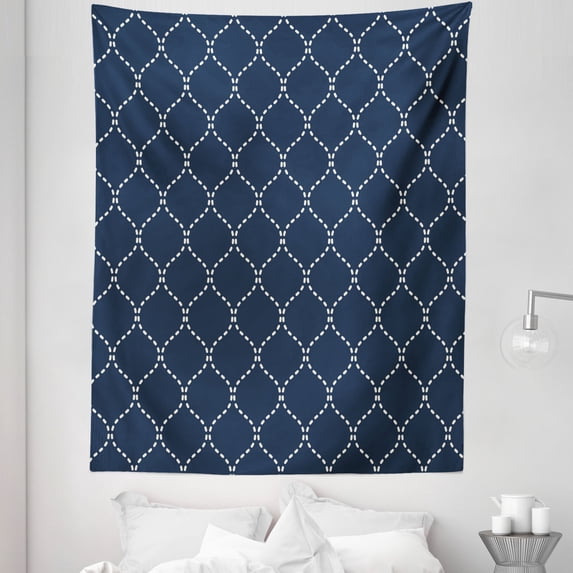 Geometric Tapestry, Lattice Pattern with Dots and Curved Lines Abstract Traditional Motifs, Fabric Wall Hanging Decor for Bedroom Living Room Dorm, 5 Sizes, Dark Blue Cream, by Ambesonne