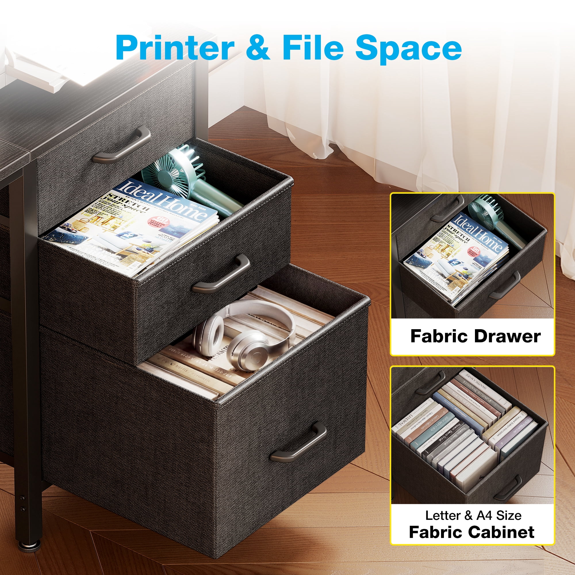 48 inch Computer Desk with 3 Fabric Drawers, Home Office Desk with File Cabinet, Writing Desk for Work and Study, Black