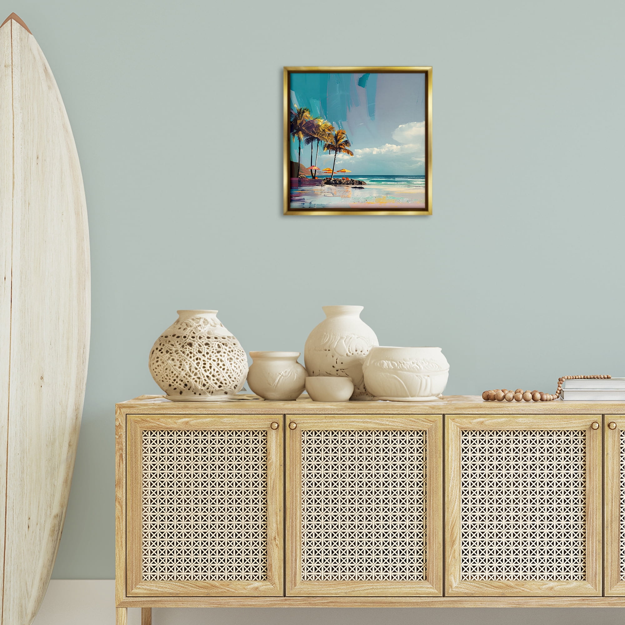 Stupell Industries Contemporary Shoreline in Summer Nautical & Beach Painting Gold Floater Framed Canvas Art Print Wall Art, 18 x 18