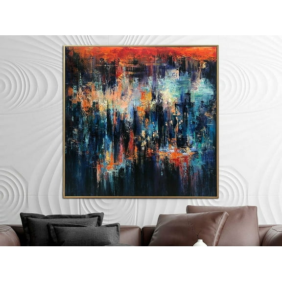 50x50" Night City Original Abstract Blue Wall Art Original Textured Art Living Room Wall Decor Abstract Painting On Canvas