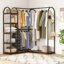 Tribesigns L Shaped Closet Organizer, Freestanding Corner Clothes Garment Rack with Hanging Rods and Storage Shelves, Heavy Duty Metal Clothing Rack Large Open Wardrobe for Bedroom, Rustic Brown