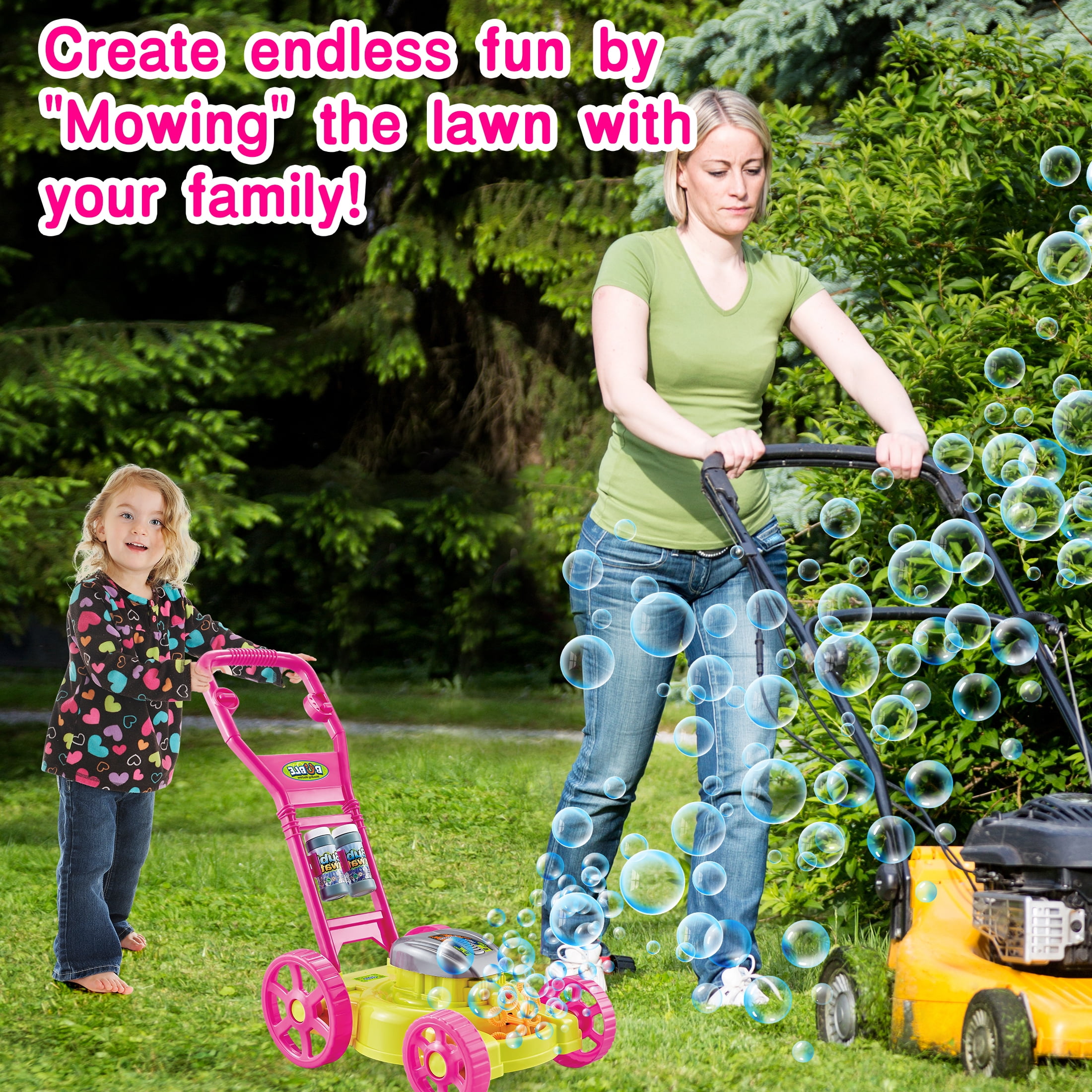 KOPPOP Bubble Lawn Mower - Bubble Machine for Outdoor and Indoor Use, Push Mower with Sound Effects and Bubble Blowing Function - Pink