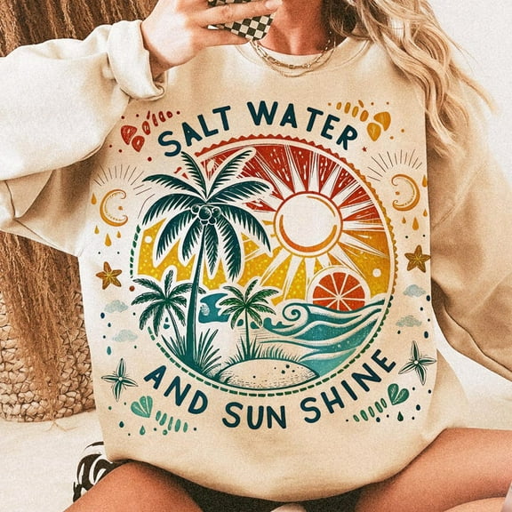 Salt Water and Sunshine Sweatshirt, Retro Beach Shirt, Tropical Summer Vibes Sweatshirt, Cute Vacation Shirt, Coastal Holiday Gift
