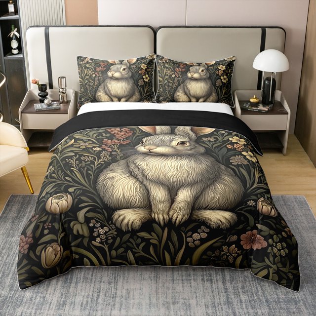 Erosebridal Boho Rabbit 100% Cotton Comforter Cover Full, Cute Bunnies Bedding Full Size, Mandala Floral Decor, Reversible(No Comforter)