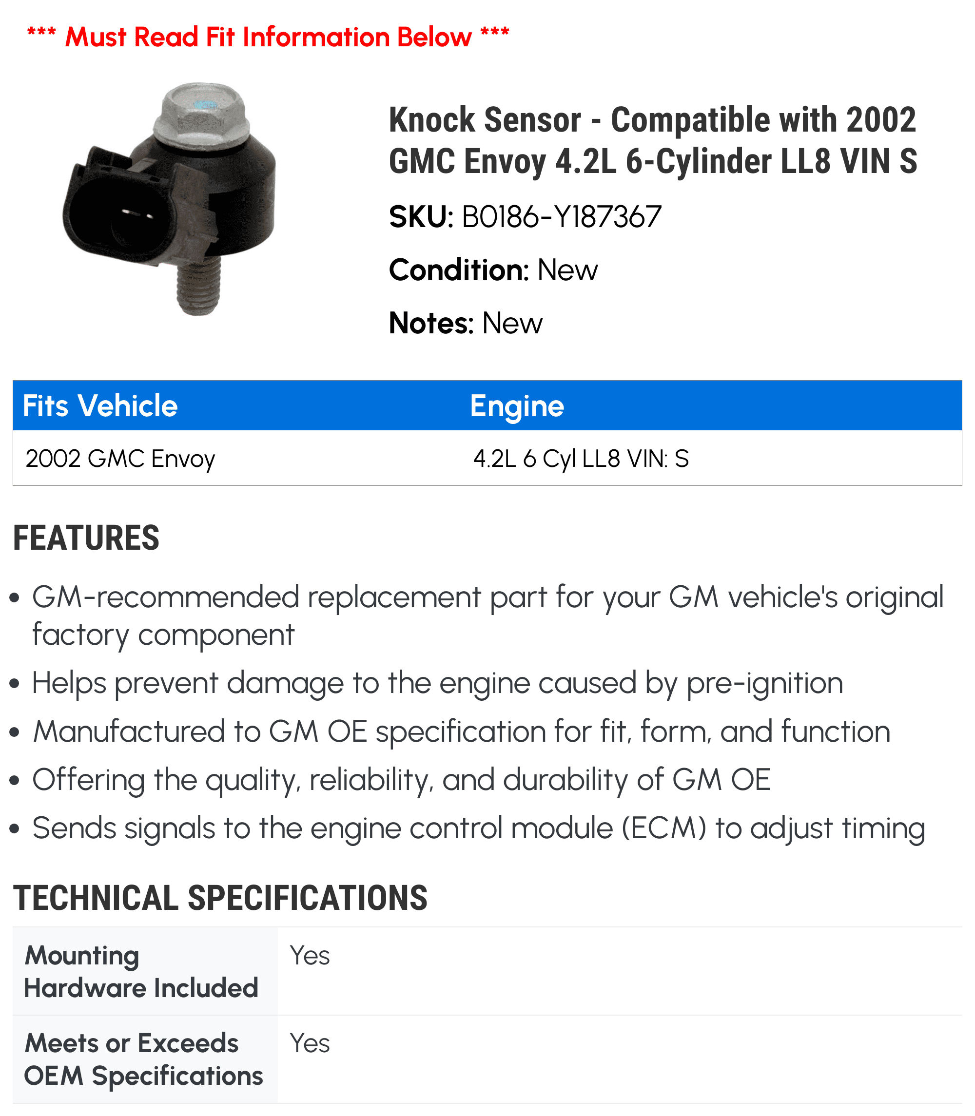 Knock Sensor - Compatible with 2002 GMC Envoy 4.2L 6-Cylinder LL8 VIN S - AC Delco
