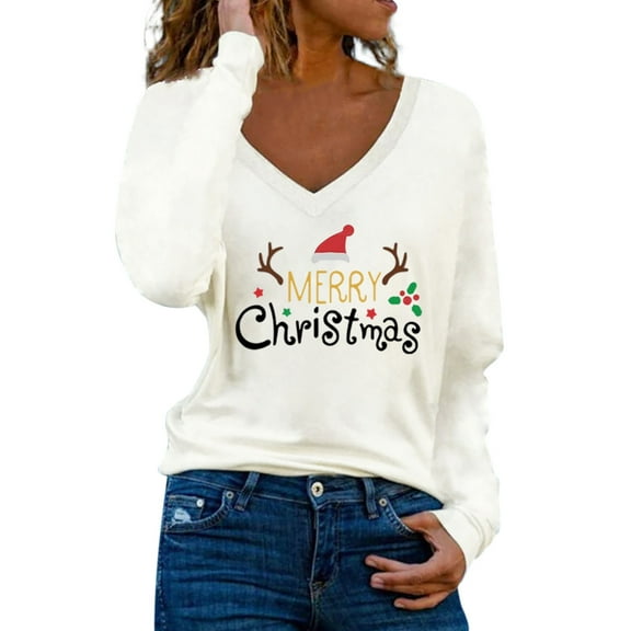 2025 Christmas T-Shirts For Women Shirts Loose Fit Casual Casual Blouse Winter Shirts Tunic V Neck Blouse Long Sleeve Xmas Fistival Tops
