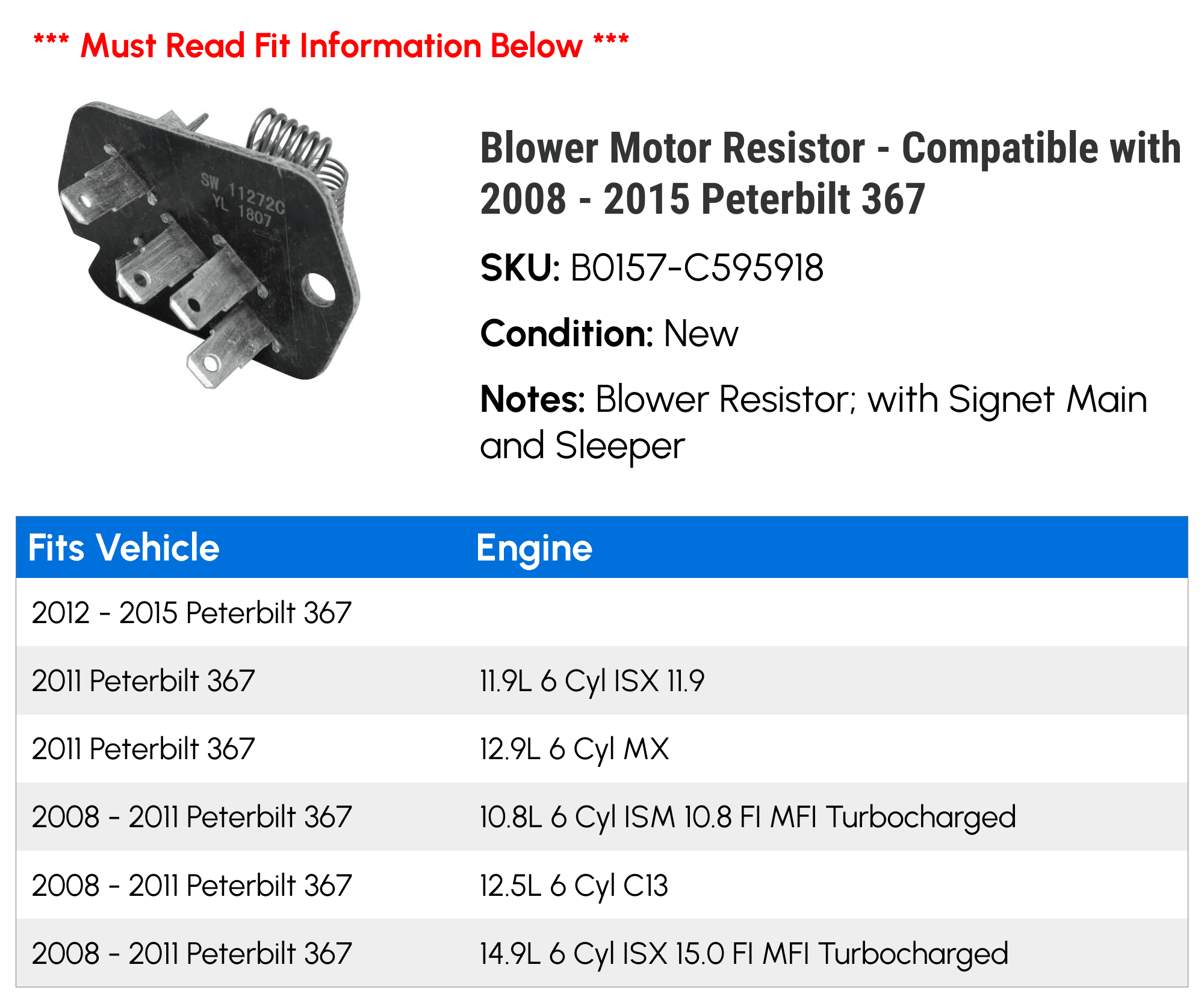 Blower Motor Resistor - Compatible with 2008 - 2015 Peterbilt 367 2009 2010 2011 2012 2013 2014