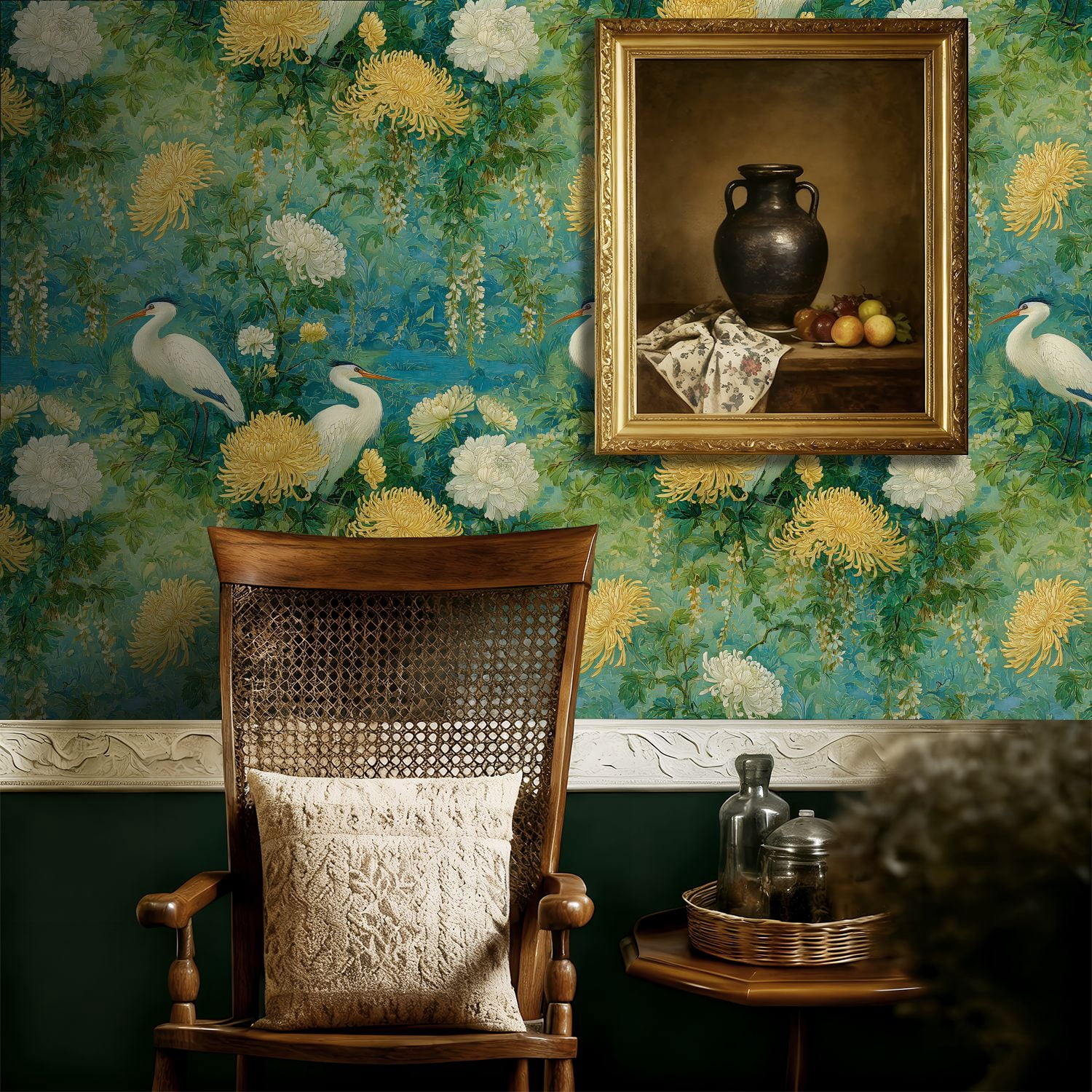 Boho Peel and Stick Wallpaper White Cranes Golden Chrysanthemums Teal Garden Wall Mural 17.7in x 9.8ft Self Adhesive Removable Wall Paper Renter Friendly Wallpaper for Bedroom Kitchen Farm