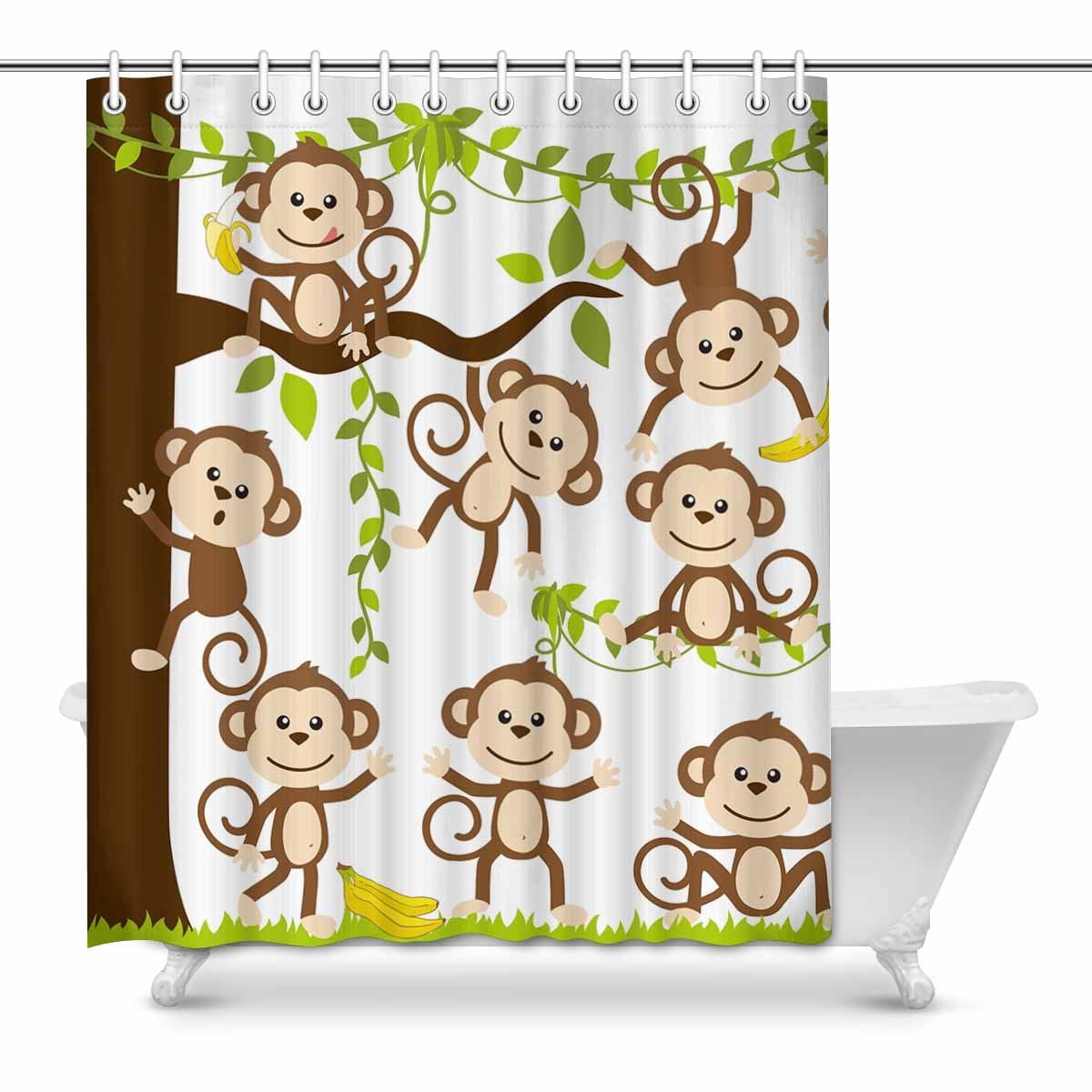 Monkey Hanging on a Vine Bathroom Shower Curtain Hook Bath Mat Waterproof Fabric 
