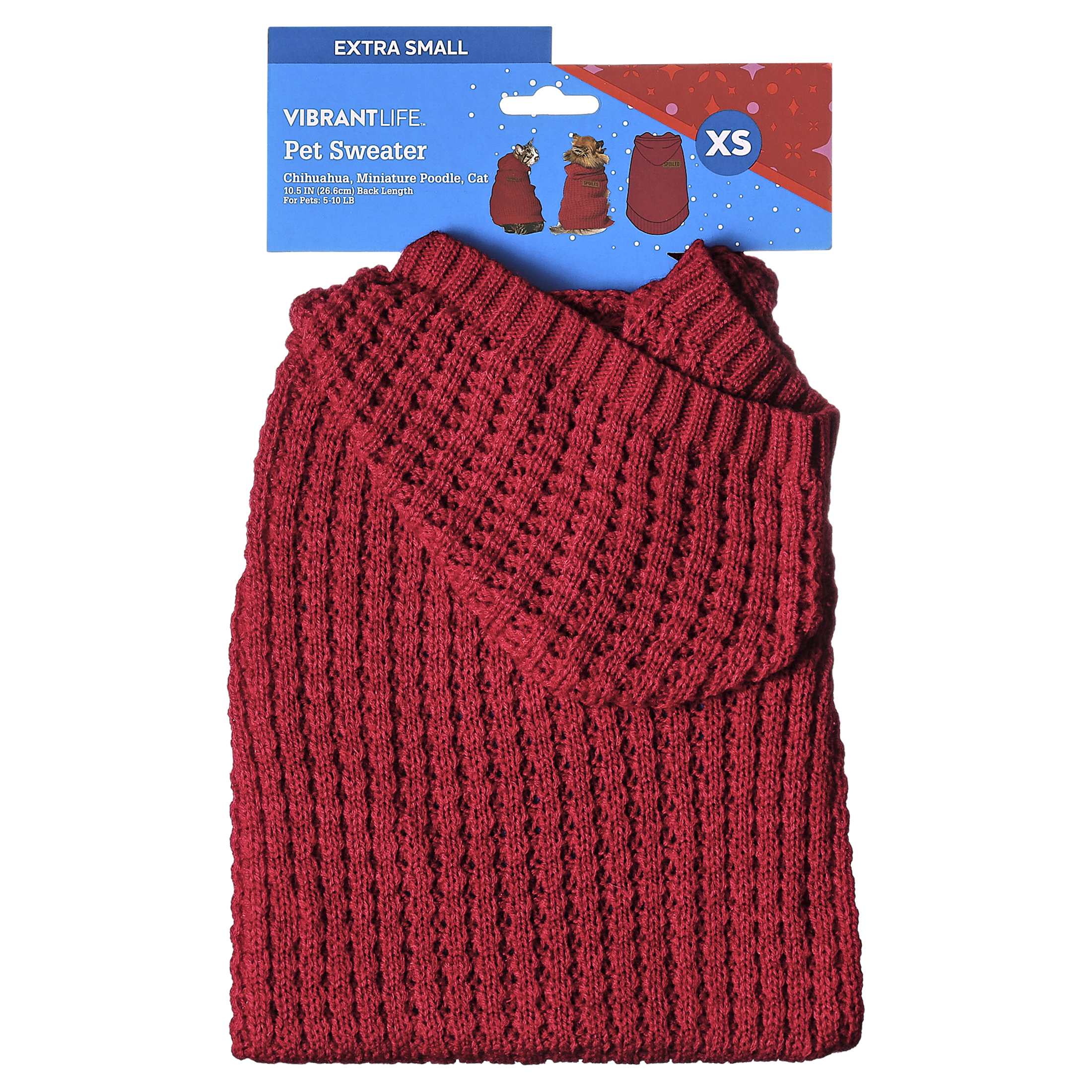 Vibrant Life Holiday Pet Sweater for Cats & Dogs, Spoiled Waffle Knit, Red, Extra Small