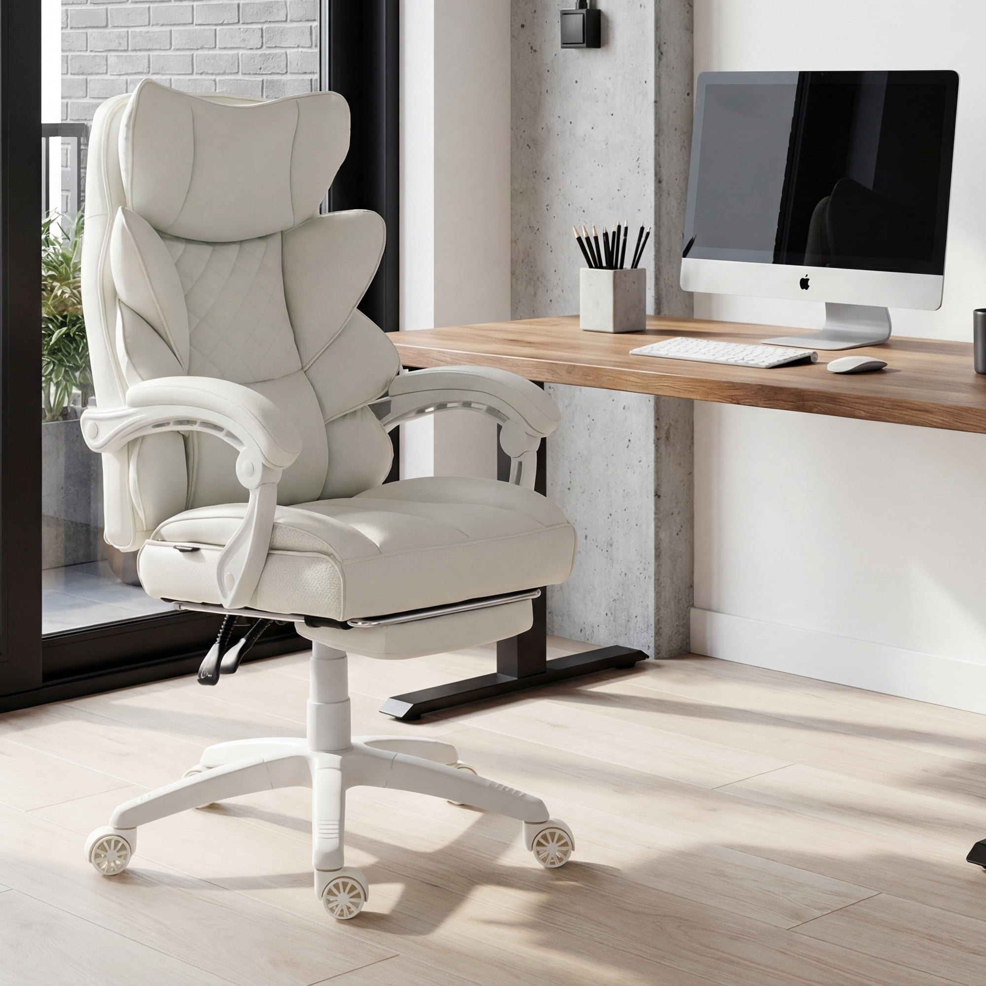 GOOSEA Adult Fabric High Back Indoor Residential Adjustable Seat Height and Lumbar Support Executive Chairs with Footrest, White