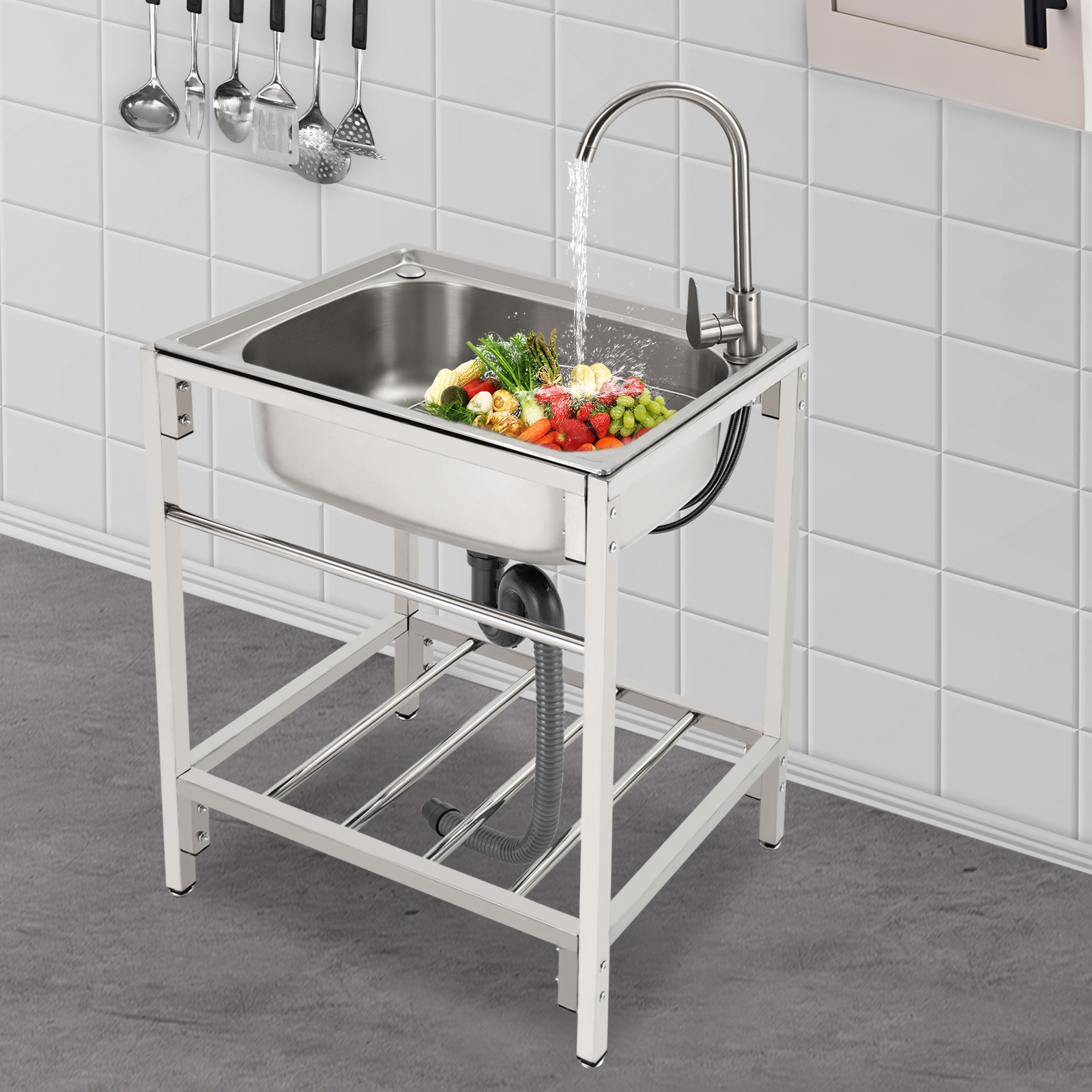 Commercial Stainless Steel Sink Outdoor Single-Bowl Utility Sink With Faucet for Homes, Restaurants