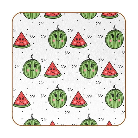 

OWNTA Cartoon Watermelon Pattern Premium 6-Piece Square Coaster Set in Microfiber Leather - Non-Slip & Absorbent Cup Mats