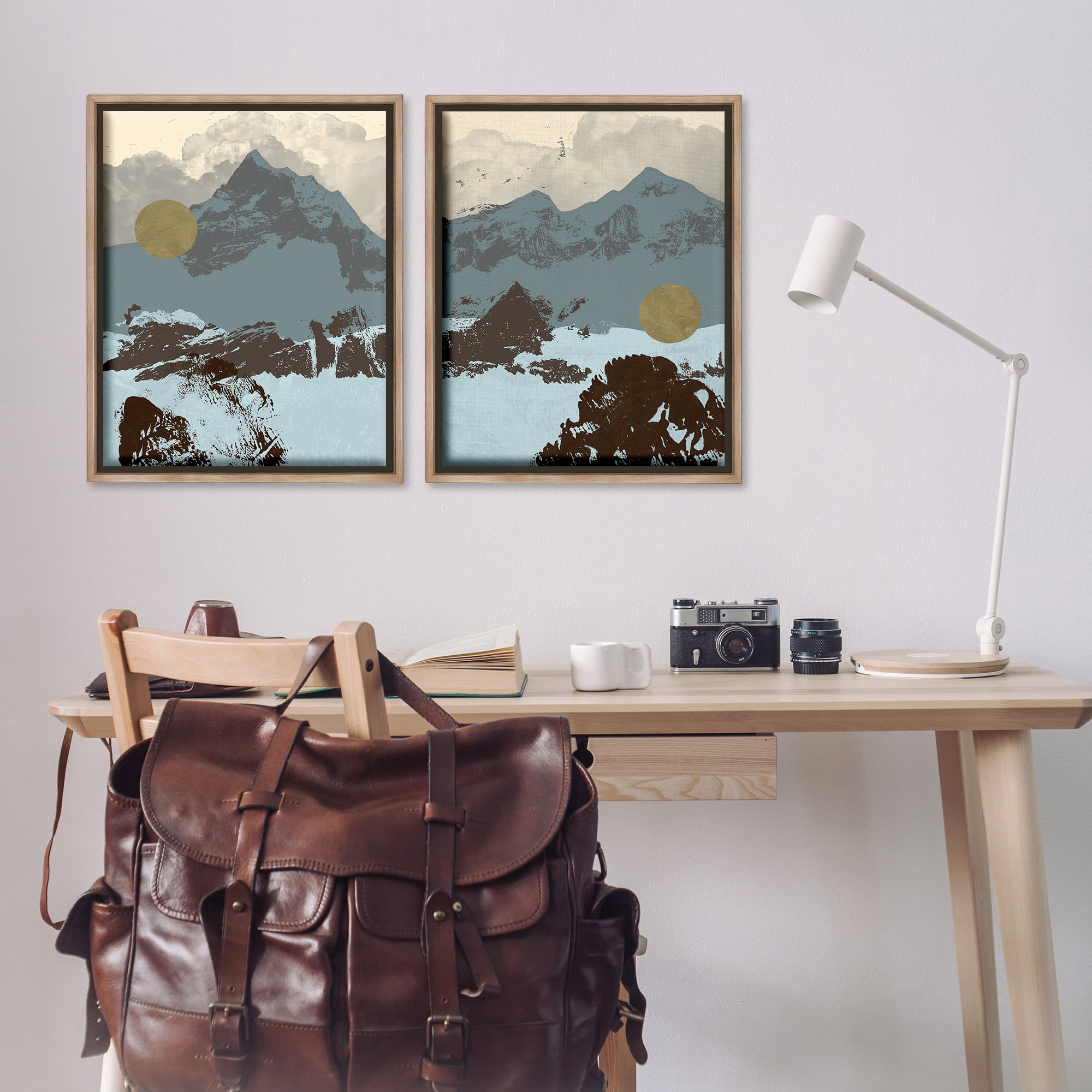 Stupell Industries Mountain Range over Abstract Landscape Painting Brown Floater Framed Canvas Art Print Wall Art, 25 x 31, Set of 2