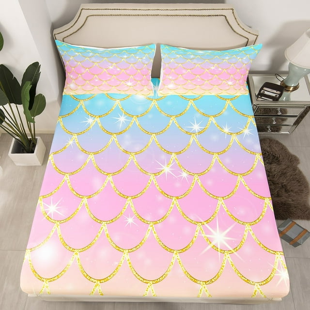 YST Drap-Housse Écailles de Sirène Taille Simple, 2 Pcs Draps Pailletés Roses pour Filles Enfants Ados, Housse de Lit Arc-en-Ciel Coloré, Ensemble de Literie Ultra Doux et Confortable Dégradé Scintillant Galaxie