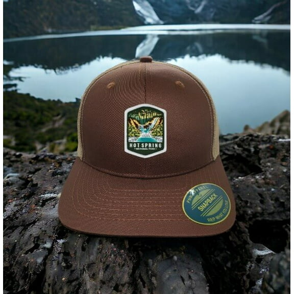 Hot Springs Trucker Hat with National Park Patch - Brown on Khaki