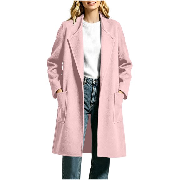 Ghalytn Women's Open Front Wool Blend Coat, Mid-Length Long Sleeve Casual Overcoat with Patch Pockets