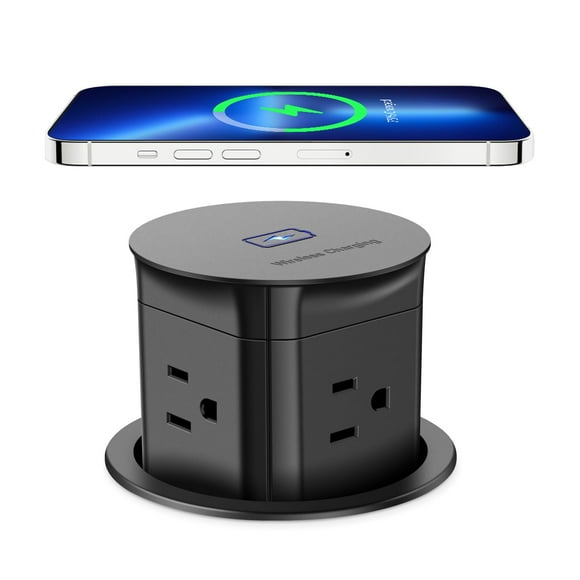 ANNQUAN Prise Pop-Up 3 Pouces avec Chargeur Sans Fil 15W, Prises 15A, Réceptacle de Comptoir Pop-Up, Passepoil de Bureau pour Cuisine Bureau, Certifié ETL