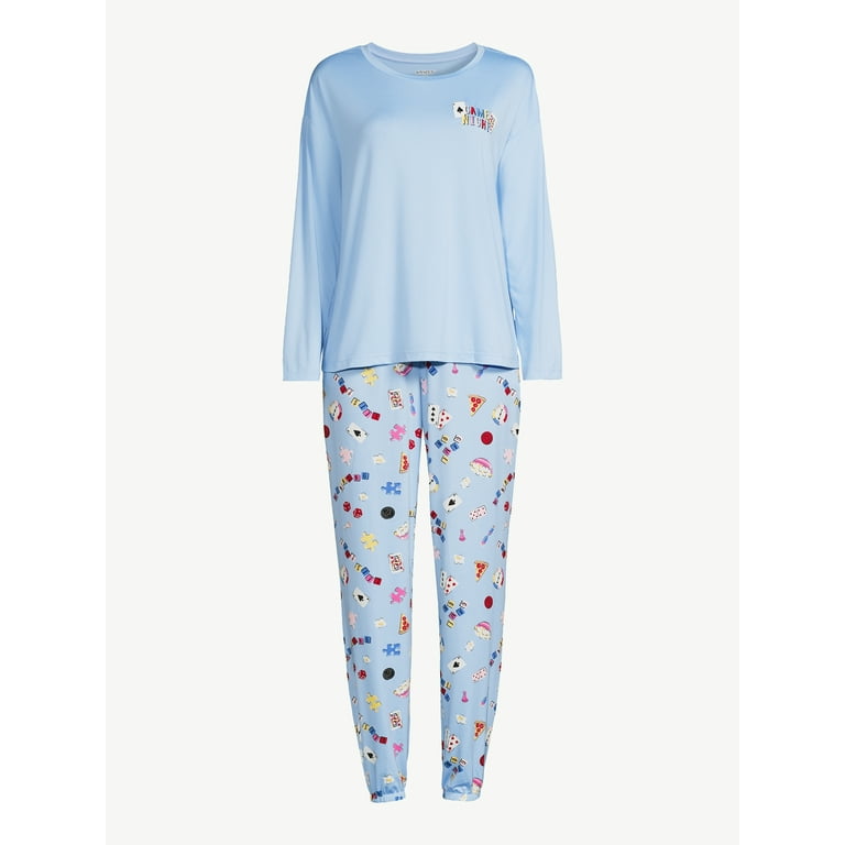 【MOODMOON】Vivid Blue Terry Long Sleeve Pajama Set Joyspun Women's Long Sleeve Tee and Joggers, 2-Piece Pajama