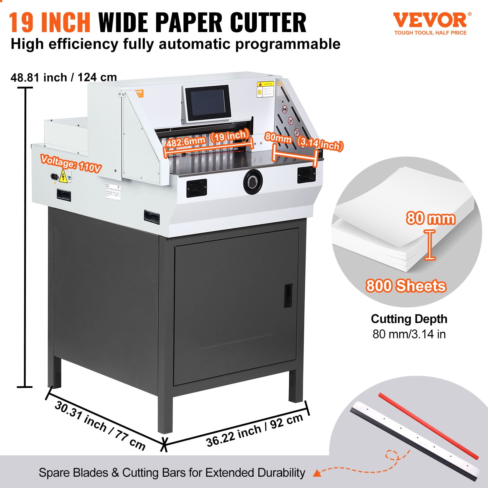 VEVOR Electric Paper Cutter, Heavy Duty Paper Trimmer 19" /482.6mm Cutting Width, 3.14"/80mm Cutting Thickness, Electric Paper Cutting Machine with 7" Touchscreen Numerical Control Function