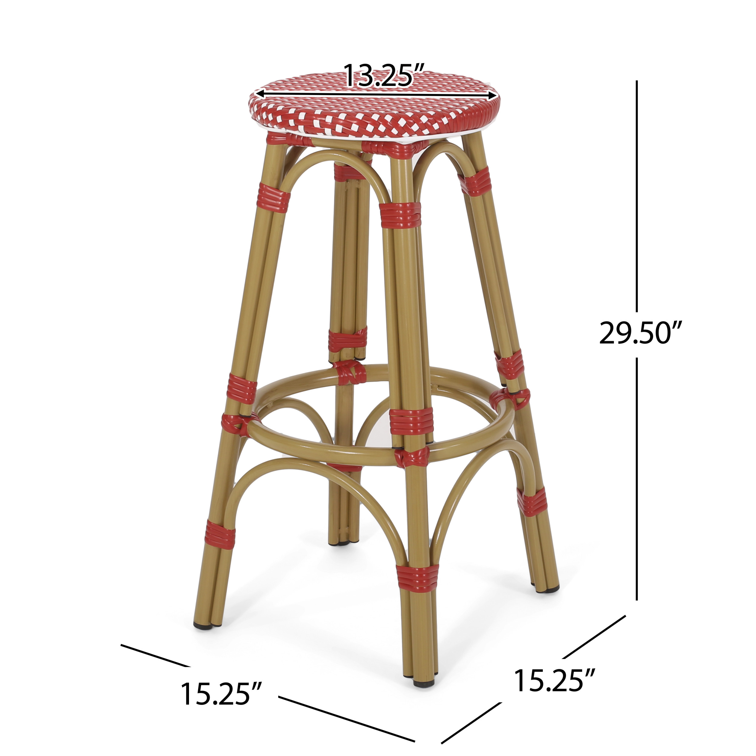 Wilbur Aluminum and Wicker Outdoor 29.5 Inch Barstools, Set of 2, Red, White, and Bamboo Finish - image 3 of 7