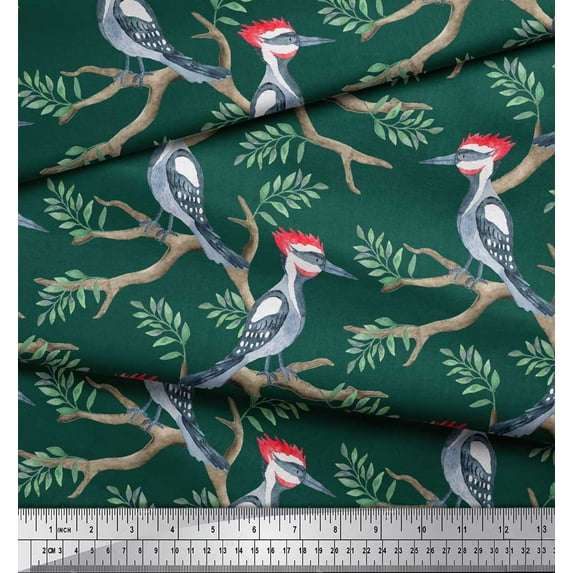 Soimoi Green Silk Fabric Leaves & Woodpecker Bird Print Fabric by the Yard 44 Inch Wide