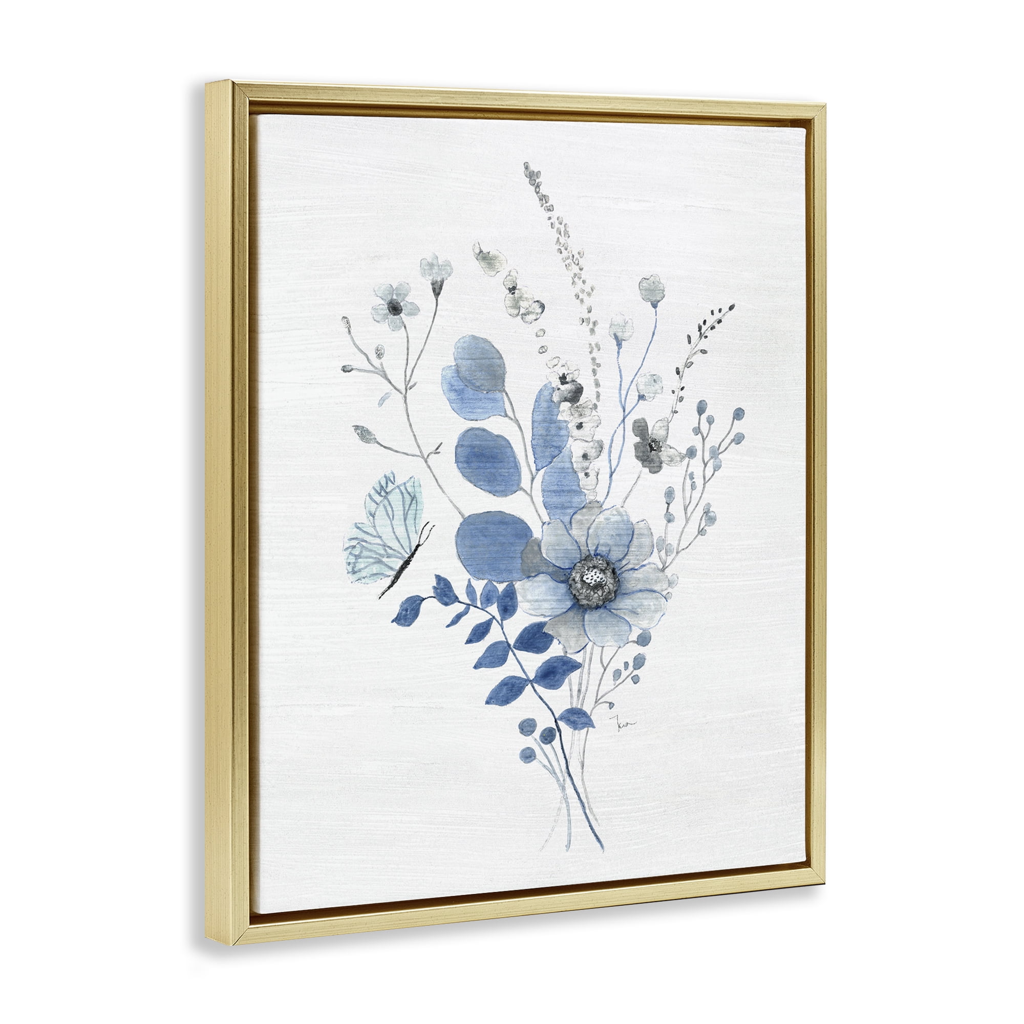 Stupell Industries Subtle Blue Wildflowers Botanical & Floral Painting Gold Floater Framed Art Print Wall Art, 17 x 21
