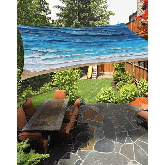Coastal Ocean Waterproof Sun Shade Sail Beach Dark Blue Waves Gradient Oil Painting Outdoor Patio Sun Shades Canopy UV Block Waterproof Sunshade for Garden Backyard Deck Pergola 14x18 Ft