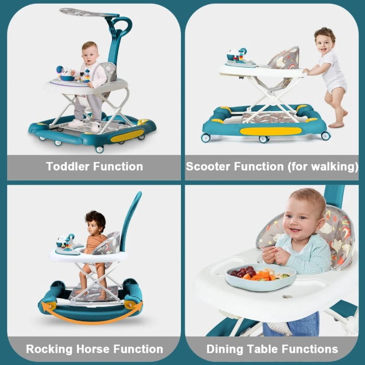 LHUAI 6-in-1 Baby Walker With Wheels, Bouncer, Removable Footrest, Feeding Tray & Music, Foldable & Adjustable Activity Walker For Boys And Girls, Toddler Infant, Green