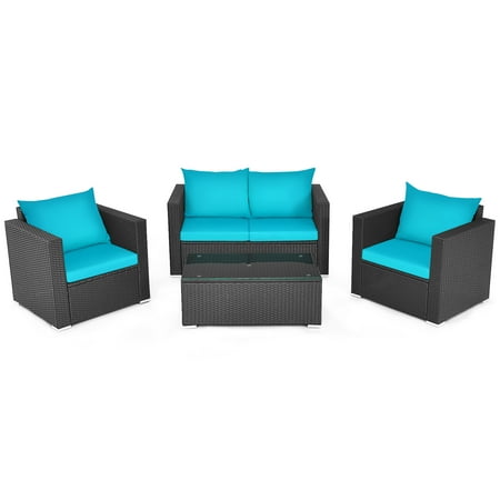 Gymax 4pc Rattan Patio Furniture Set Outdoor Wicker With Turquoise Cushion Canada Gymax 4pc Rattan Patio Furniture Set, Turquoise Wicker Outdoor Furniture