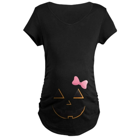 CafePress - Pumpkin Face Pink Bow Maternity Dark T Shirt - Maternity Dark T-Shirt