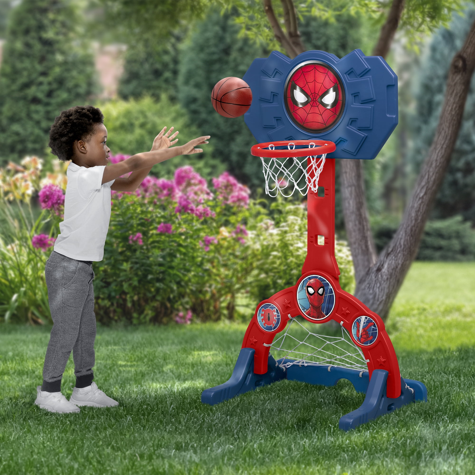 Spider-Man 4-in-1 Sports Center – Adjustable Basketball Hoop, Soccer/Hockey Net & Golf Game, Red