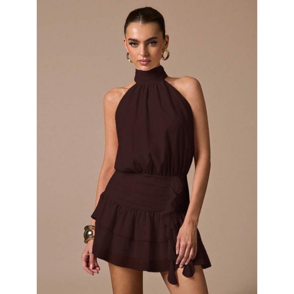 Coffee Brown Sleeveless High-Neck Ruffle Hem Mini Sundress, Elegant Fit For Parties, Dates, Summer Events