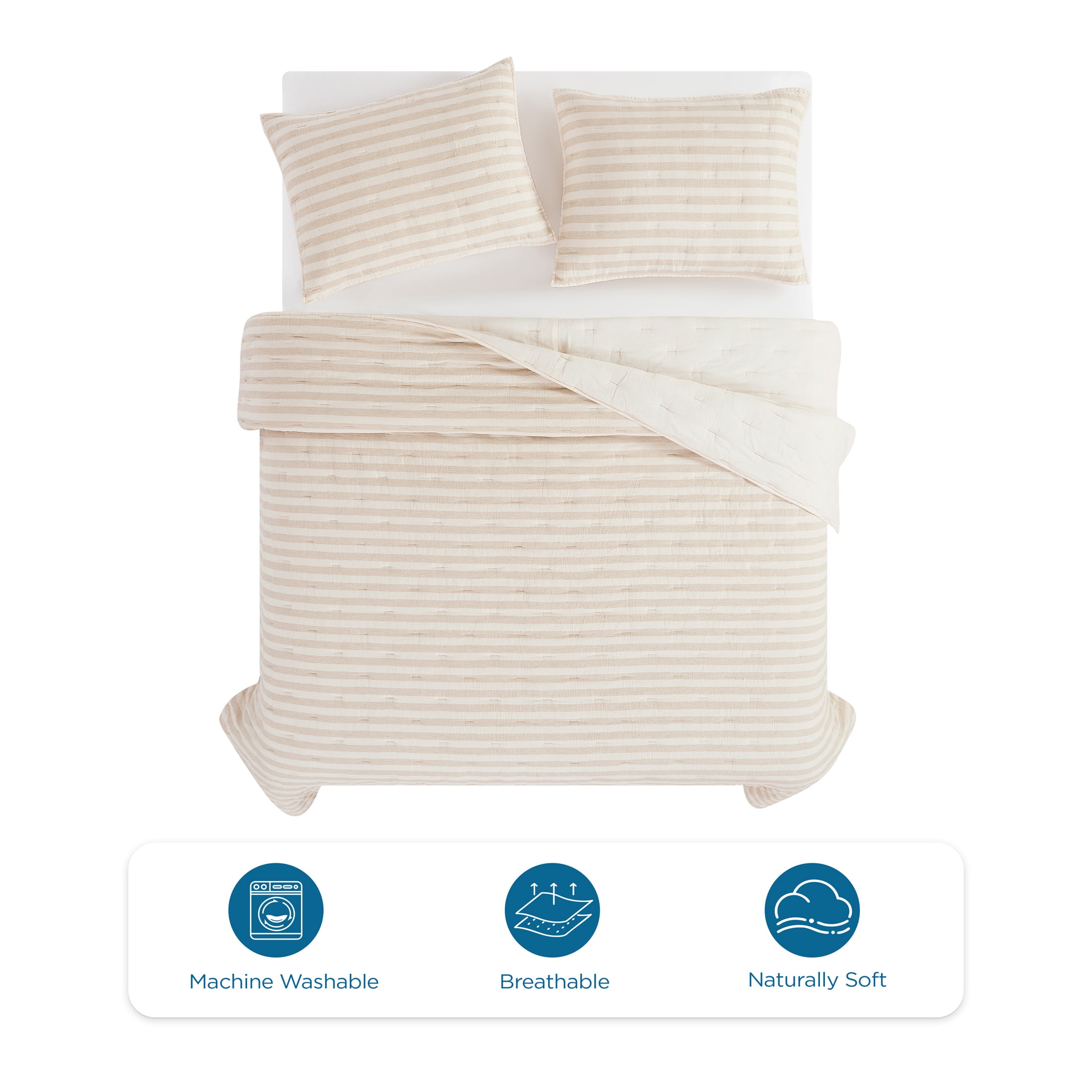 Coastal Living Tropical Luxe Striped 3-Piece Quilt Set, Full/Queen, Natural Ivory & Beige, Cotton-Linen Blend