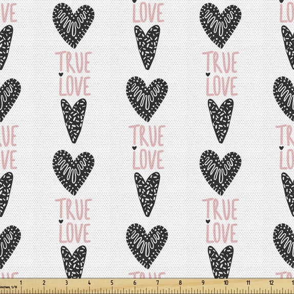 Romantic Fabric by the Yard, True Love Lettering with Heart Shapes Doodle Valentines Day Theme, Decorative Upholstery Fabric for Sofas and Home Accents, Pale Pink Black and White by Ambesonne
