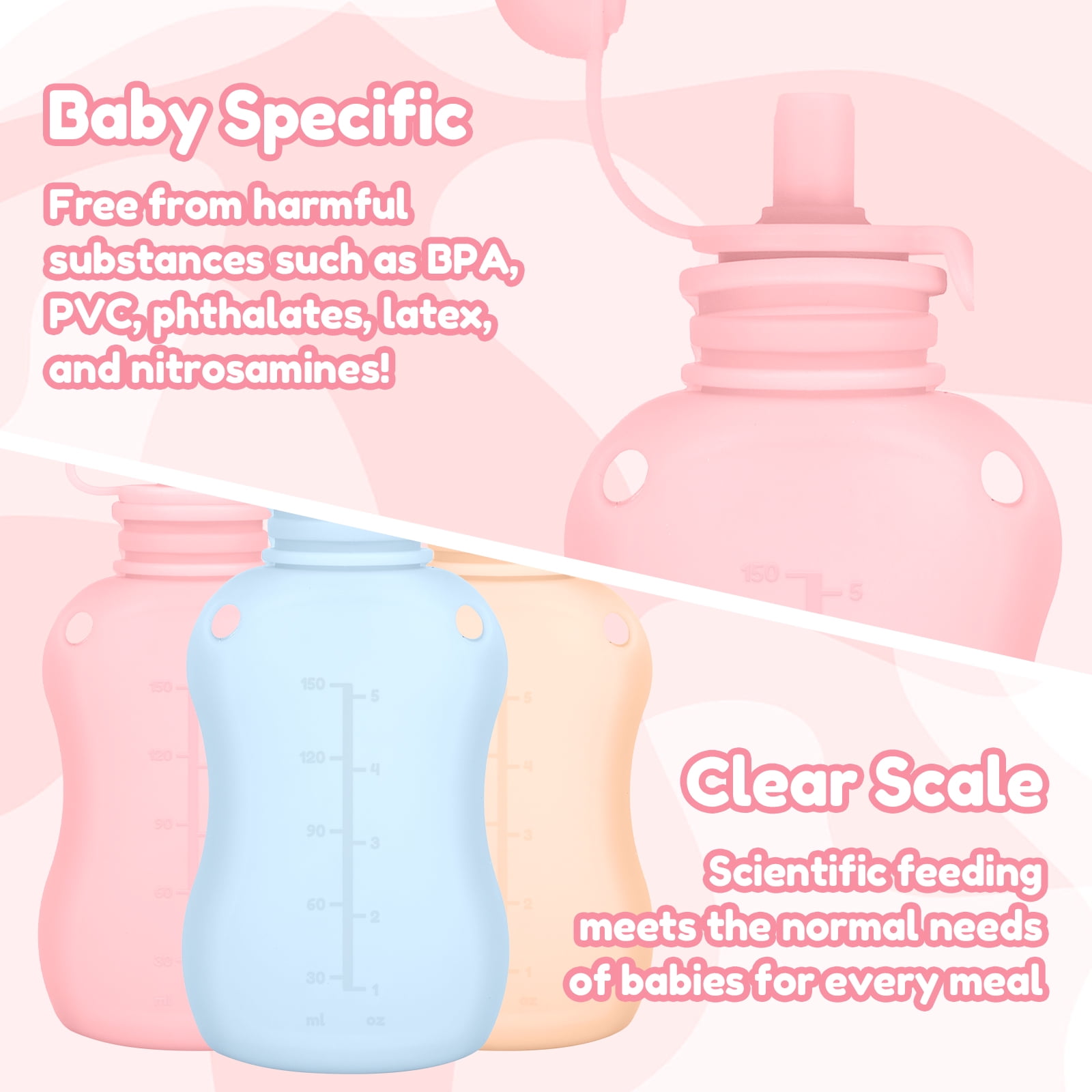 Vensio -3 Pack Silicone Baby Food Pouches 5oz, Reusable Refillable Squeeze Pouches for Toddlers with Straw Mouth, Leakproof Breast Milk and Puree Storage Bags
