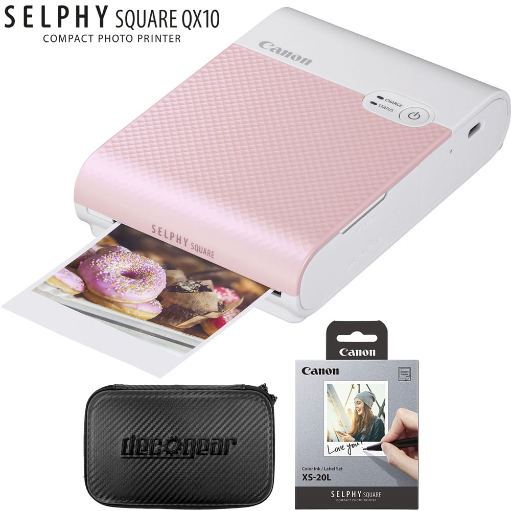 Canon SELPHY Square QX10 Compact Photo Printer - Pink (4109C002) Bundle  with Canon SELPHY Color Ink/Label XS-20L Set + Deco Gear Hard Case